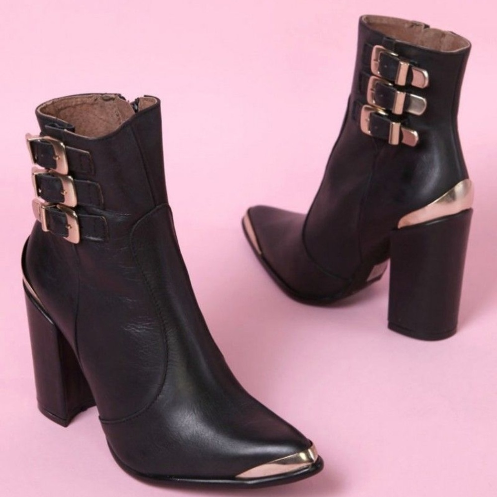 JEFFREY CAMPBELL Bruni Leather Gold Plated Bootie